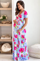 Chambray Floral Maternity Maxi Dress with Self Tie
