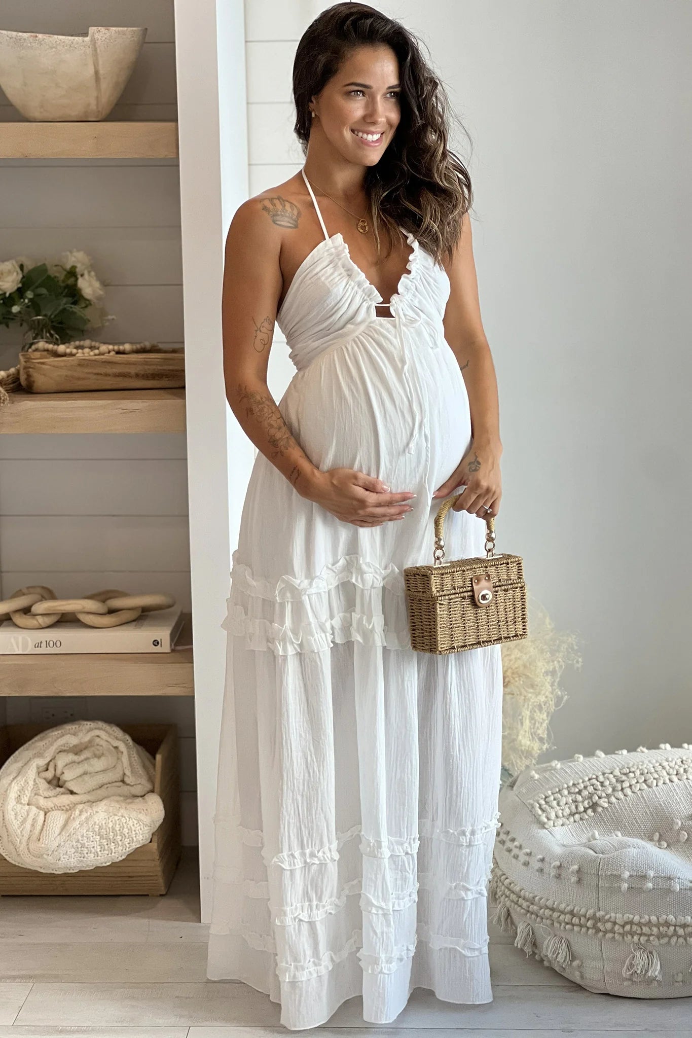 Off White Maternity V Neck Maxi Dress