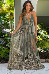 Hunter Green Sequin Maxi Dress With Gold Detail