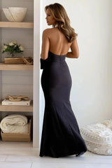 Black Rhinestone Halter Backless Maxi Dress