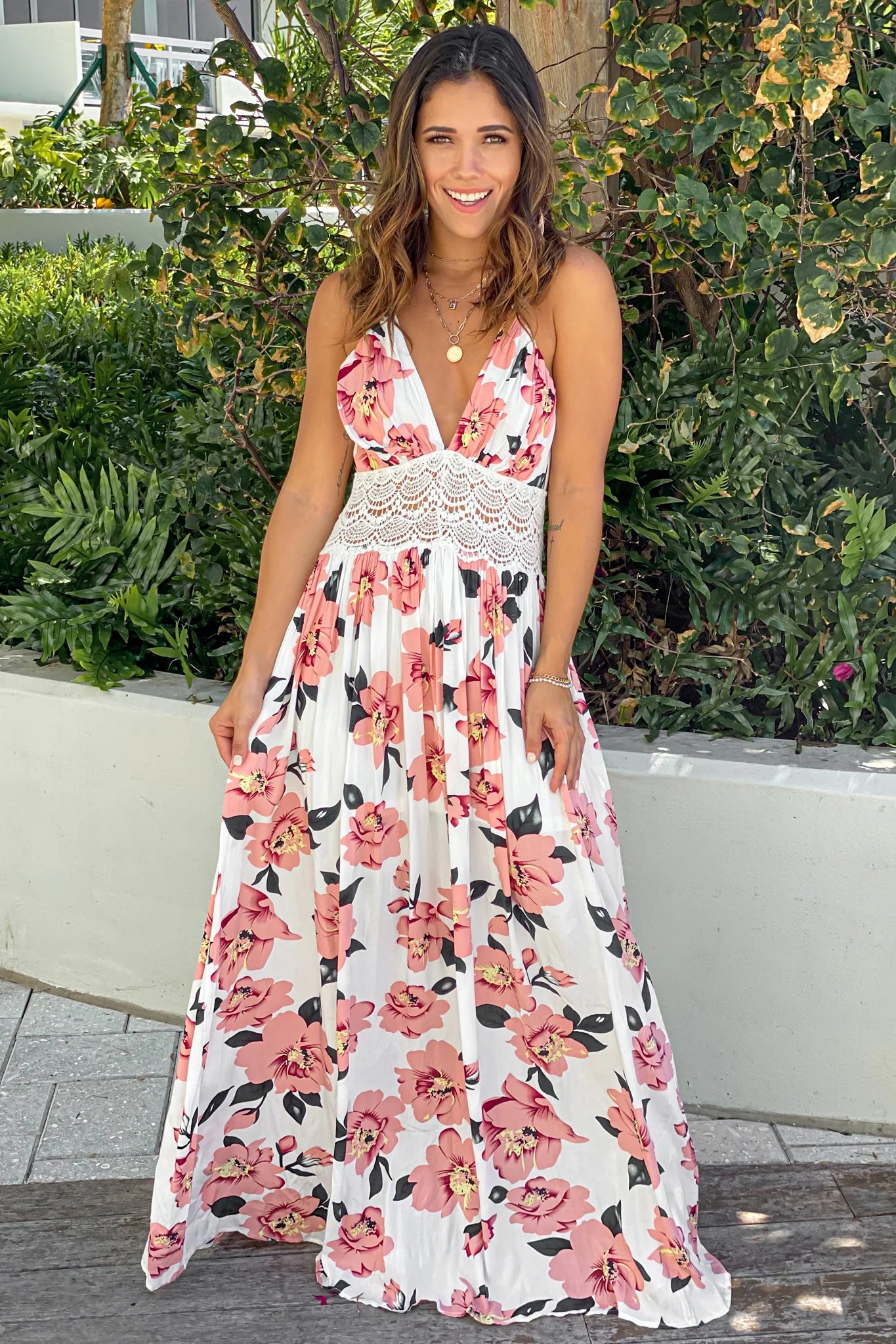 Ivory Floral Maxi Dress With Crochet Trim