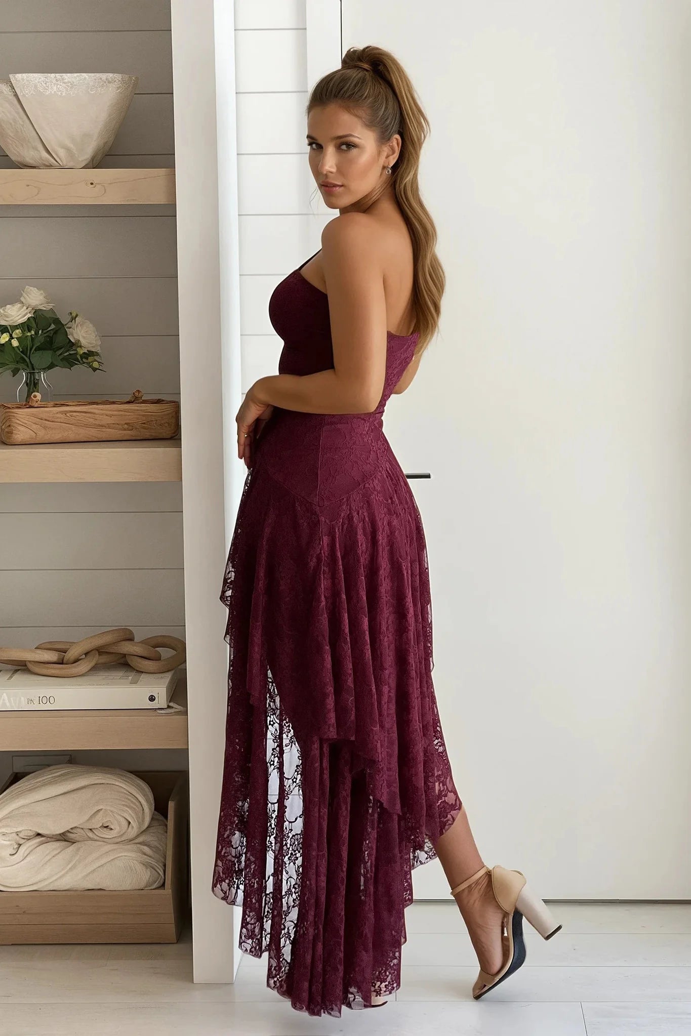 Burgundy Ruffled Asymmetrical Maxi Dress
