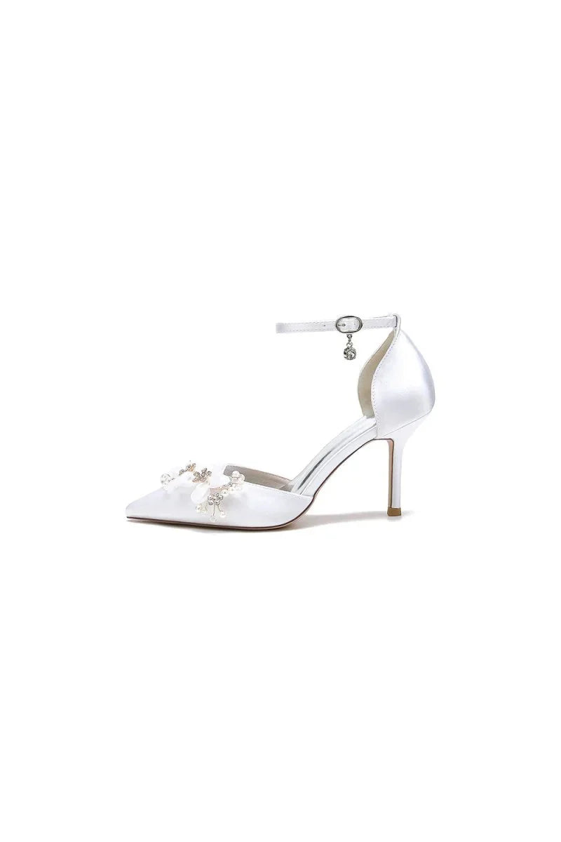 Womens Wedding Shoes Pointed Toe Ankle Strap Stiletto Heels with Rhinestone Flower