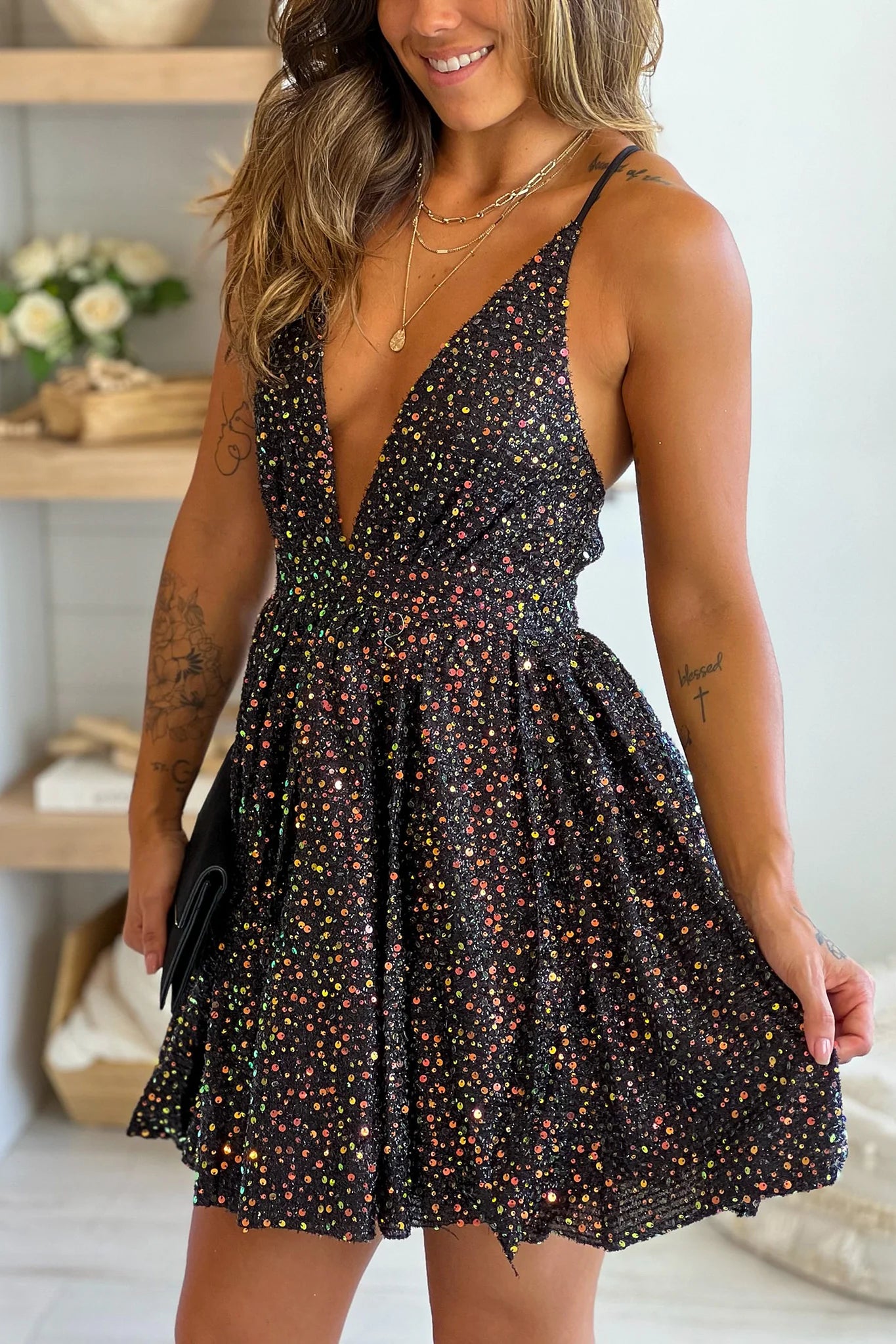Black Sequin V Neck Short Dress With Criss Cross Back