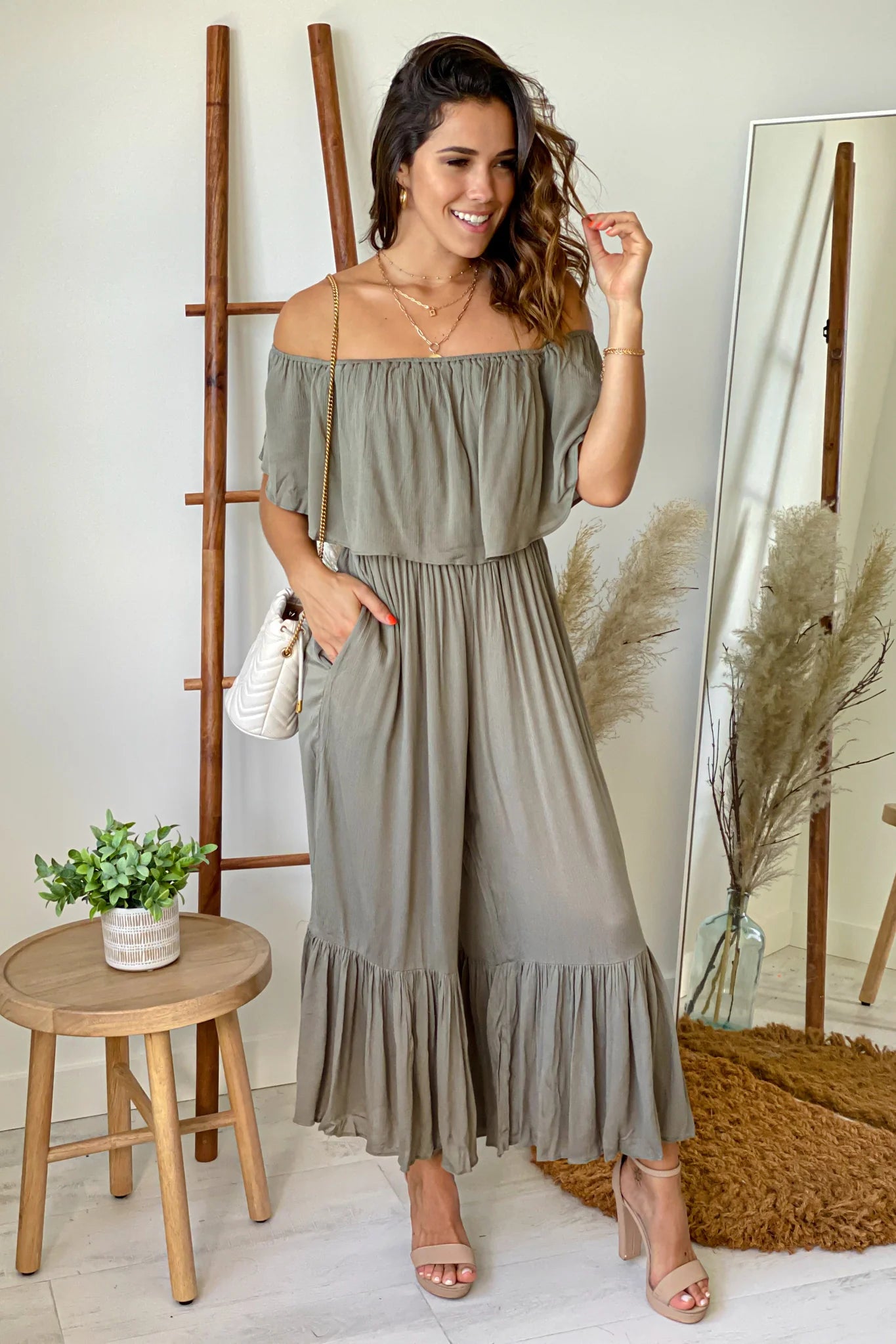 Olive Off Shoulder Jumpsuit