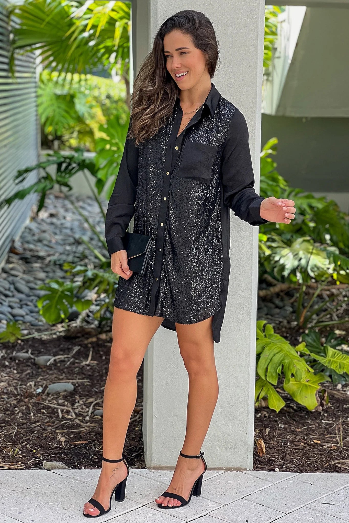 Black Button Down Sequin Shirt Dress