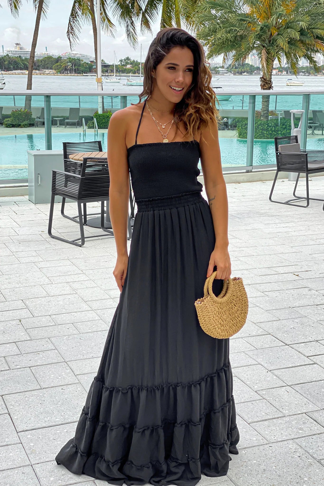 Black Smocked Maxi Dress with Strappy Back