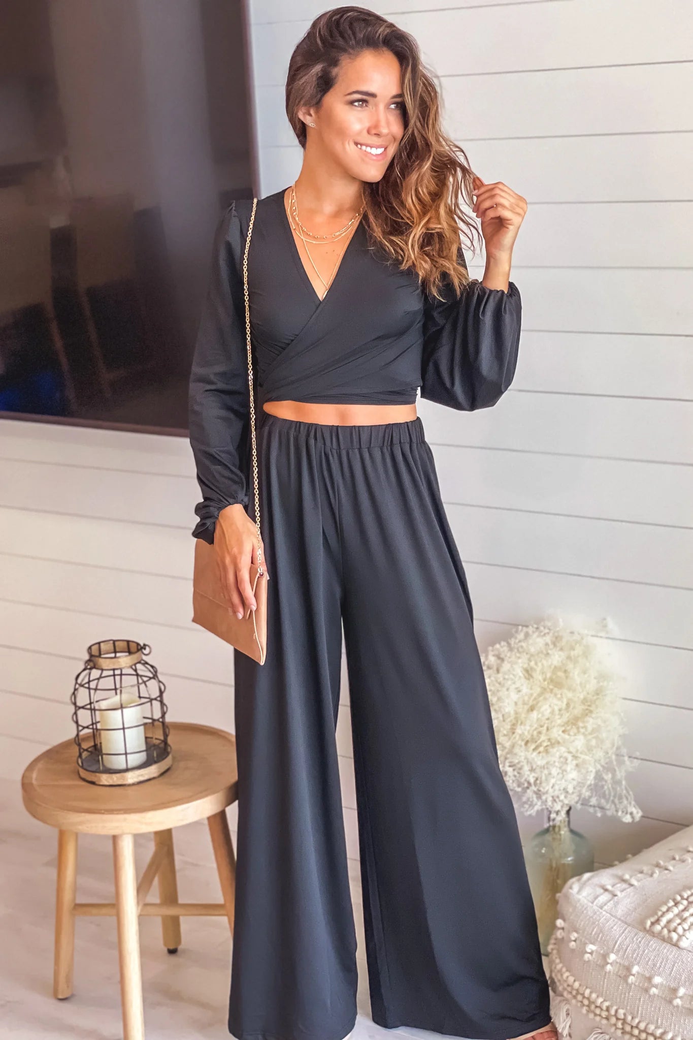 Black Long Sleeve Top and Pants Set
