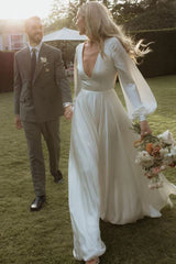 A Line Long Sleeves Satin Wedding Dresses with V Neck
