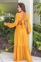 Mustard Maxi Dress With Cut Out And Long Sleeves
