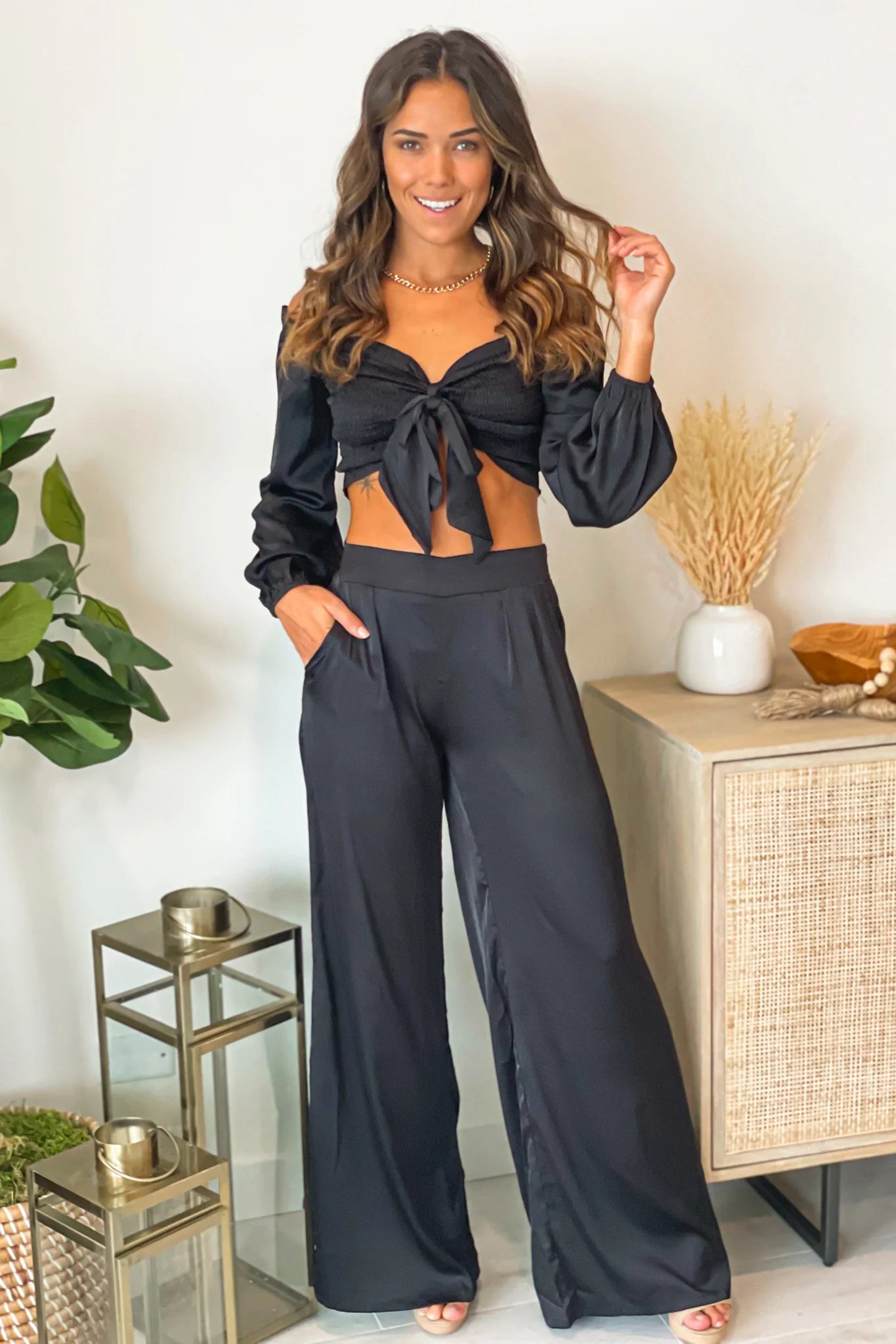 Black Satin Smocked Top and Pants Set