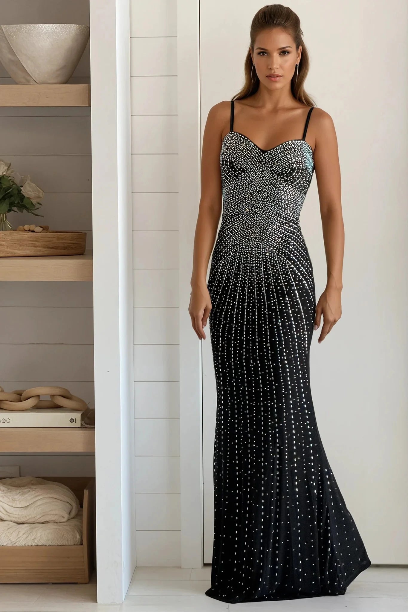 Black Rhinestone Mermaid Long Dress