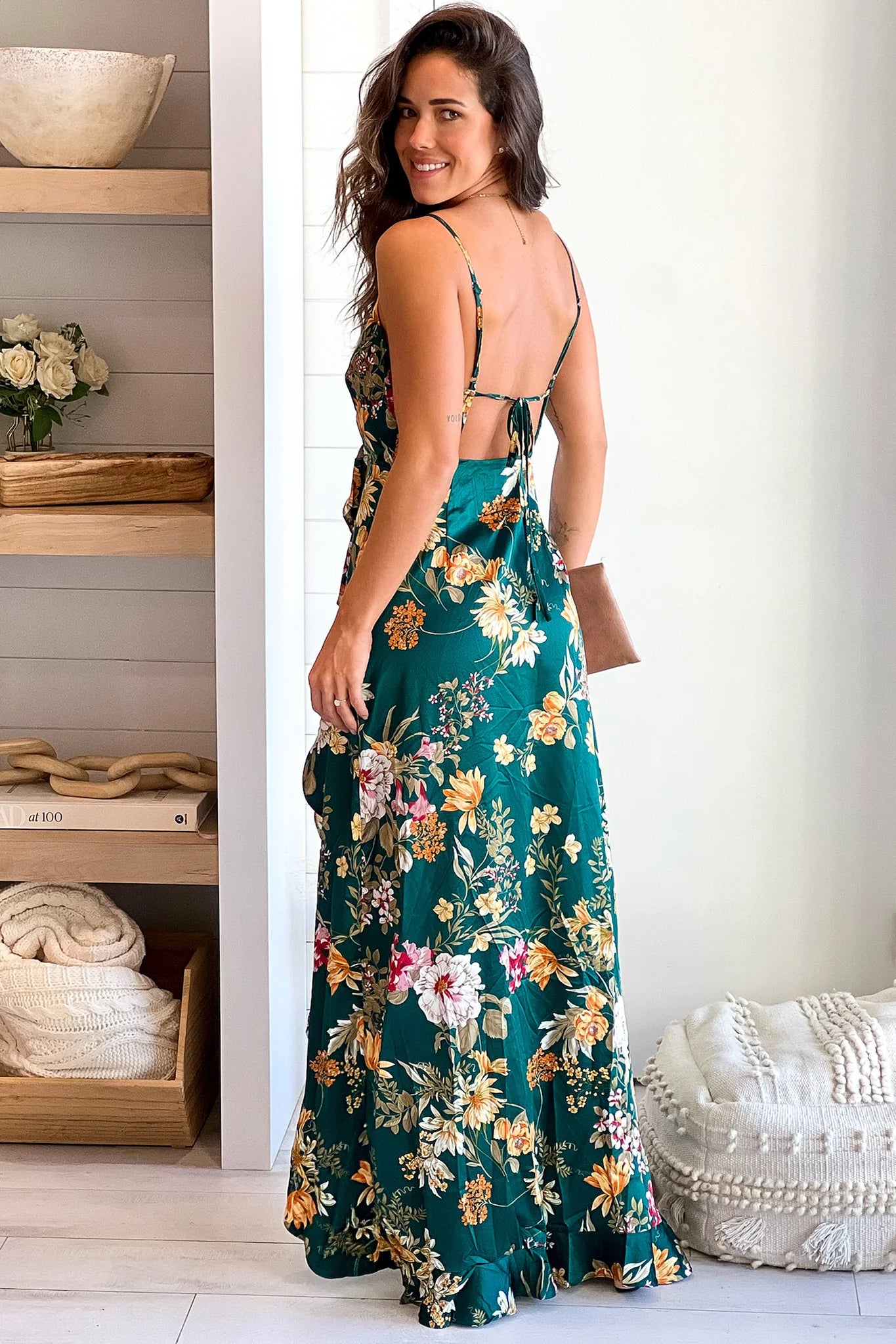 Emerald Floral Satin Ruffled Dress