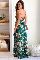 Emerald Floral Satin Ruffled Dress