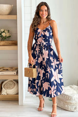 Navy Printed Pleated Midi Dress