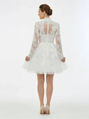 Short White A Line Illusion Neck Long Sleeves Lace Wedding Dresses