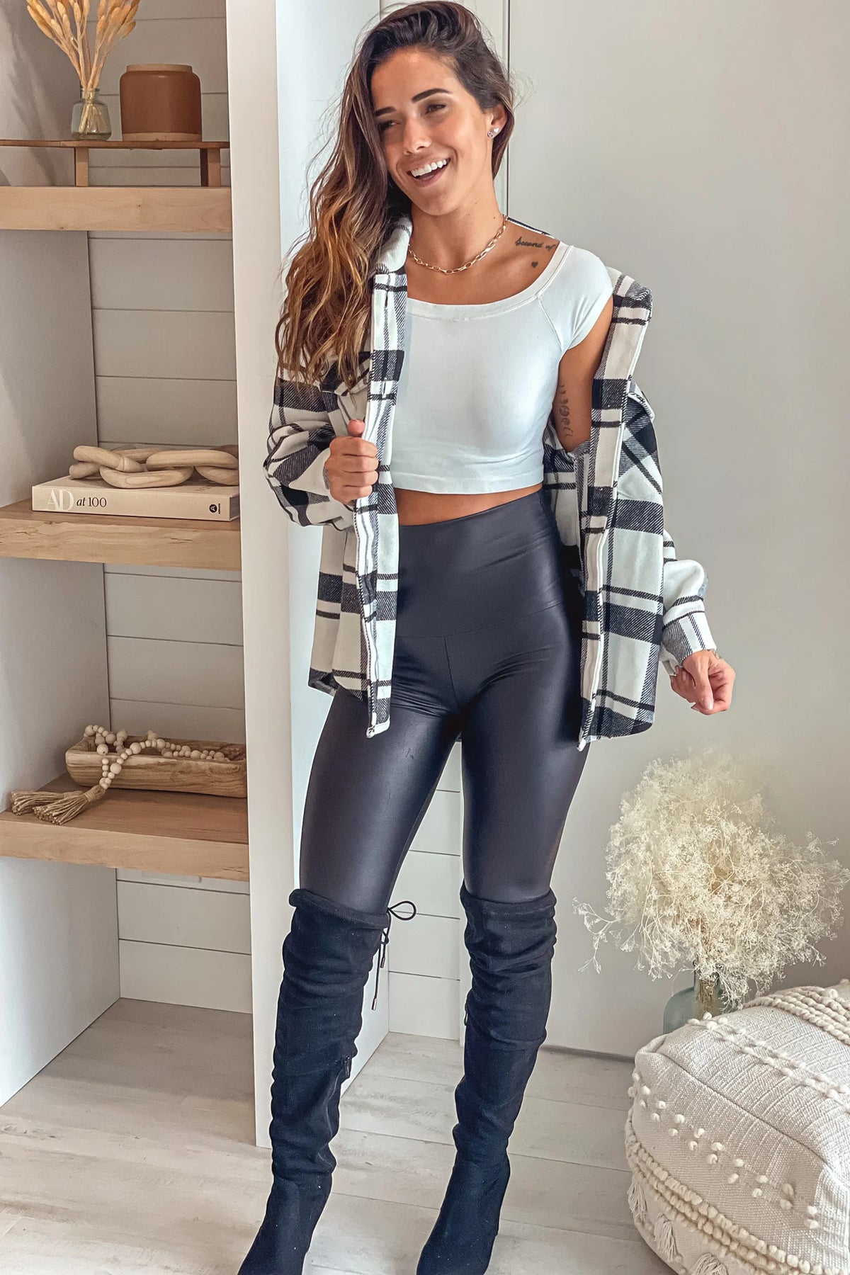 Black And White Plaid Jacket With Pockets Detail