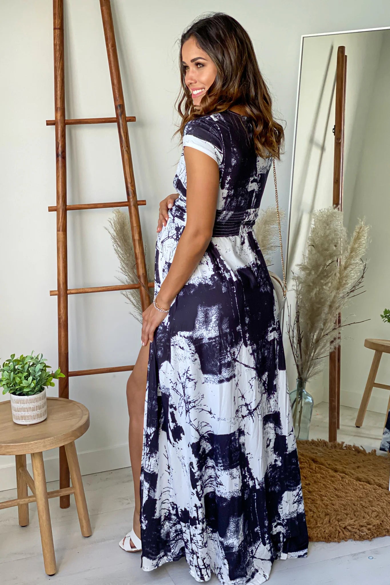 Black Tie Dye Maternity Maxi Dress with Slit
