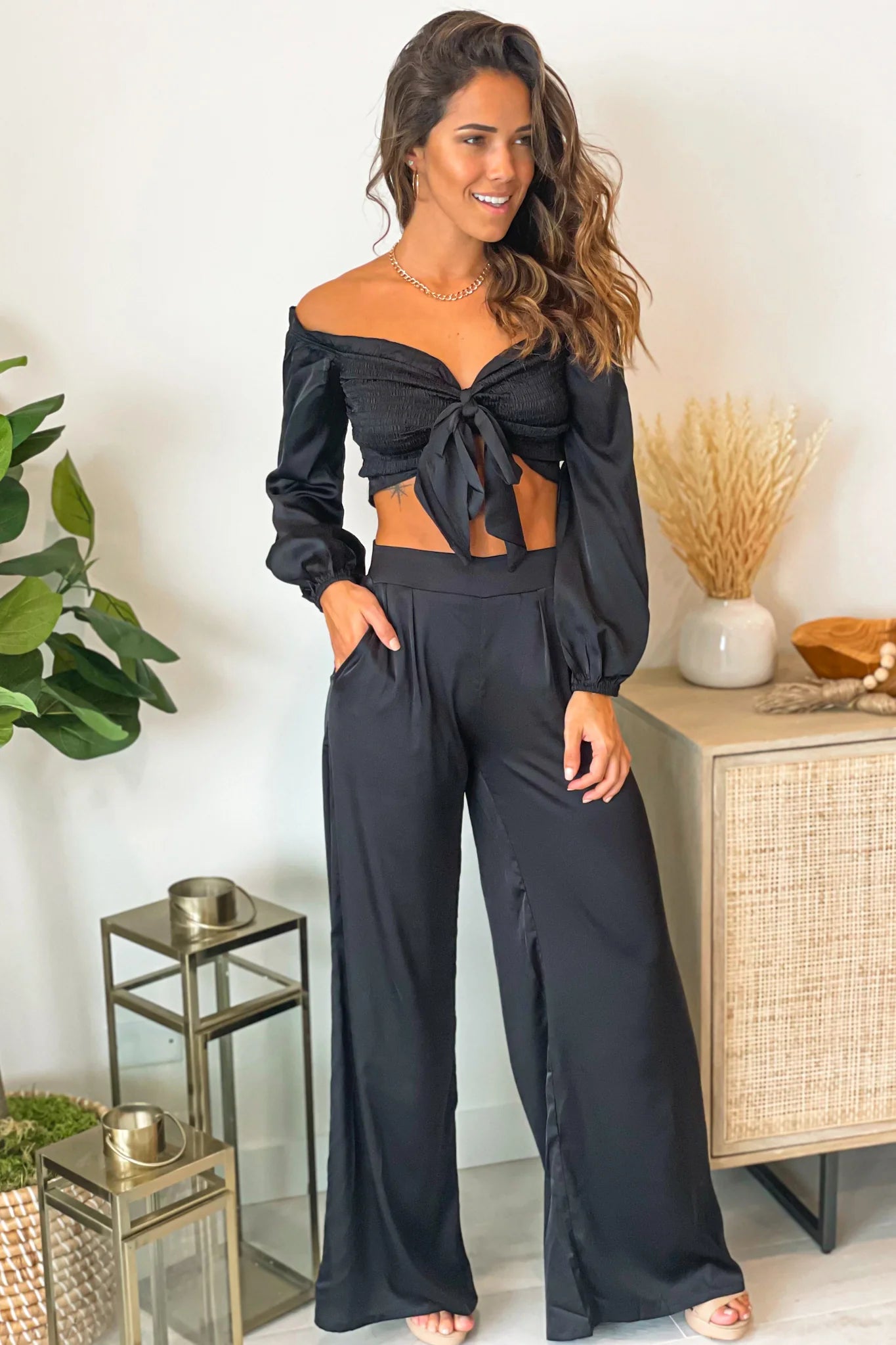 Black Satin Smocked Top and Pants Set