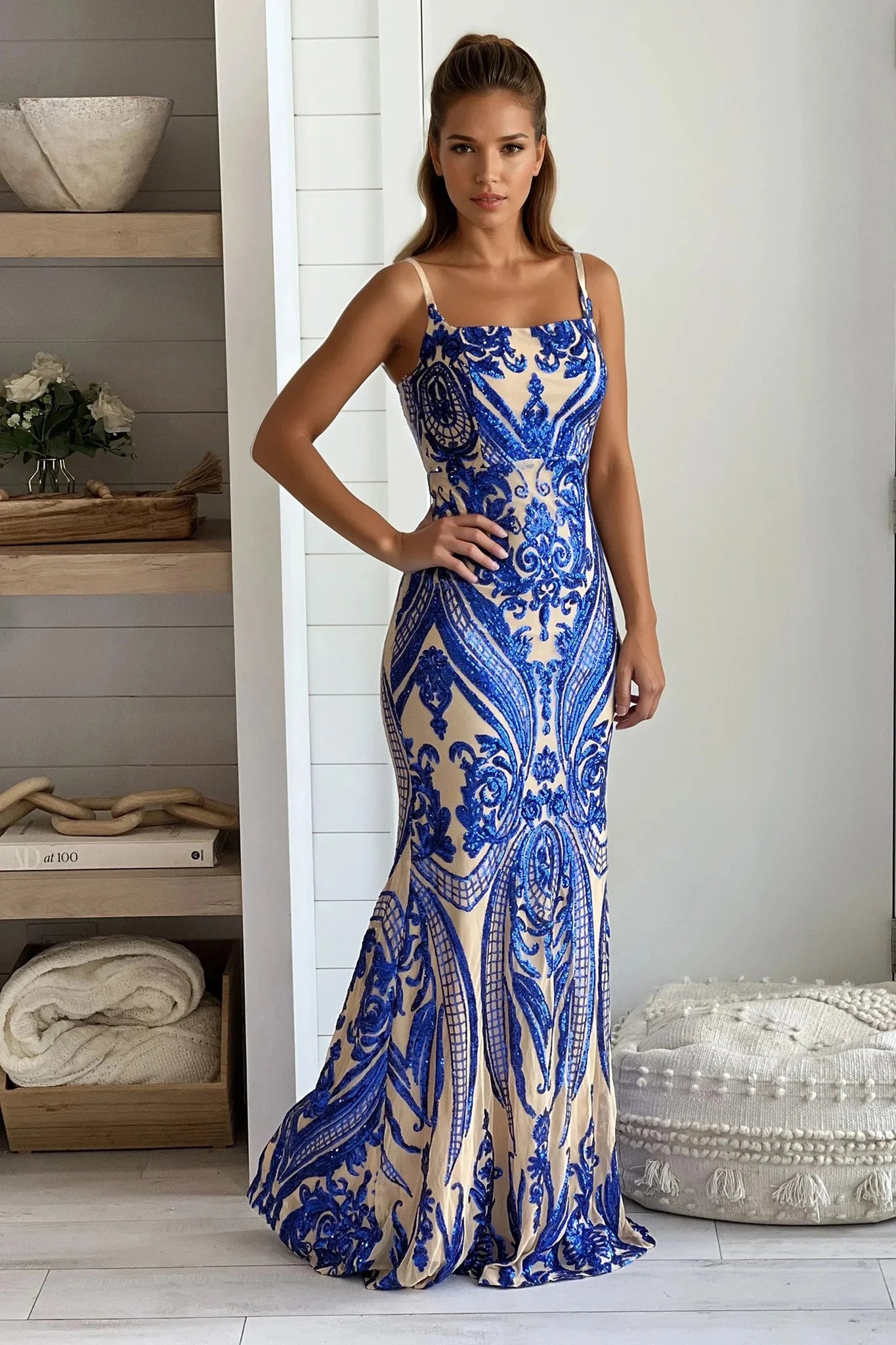 Royal And Nude Square Neck Sequined Maxi Dress