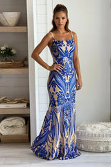 Royal And Nude Square Neck Sequined Maxi Dress