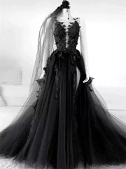 Sexy Black Lace Appliques Sleeveless Tulle Backless Wedding Dresses with Veil