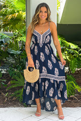 Navy Printed V Neck High Low Dress