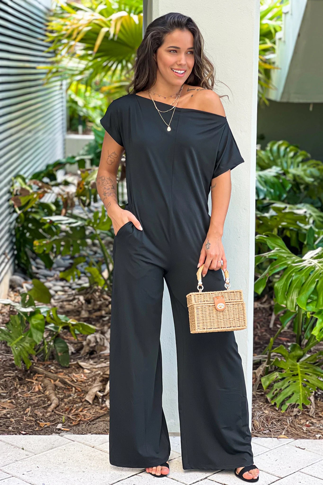 Black Off Shoulder Loose Fit Jumpsuit