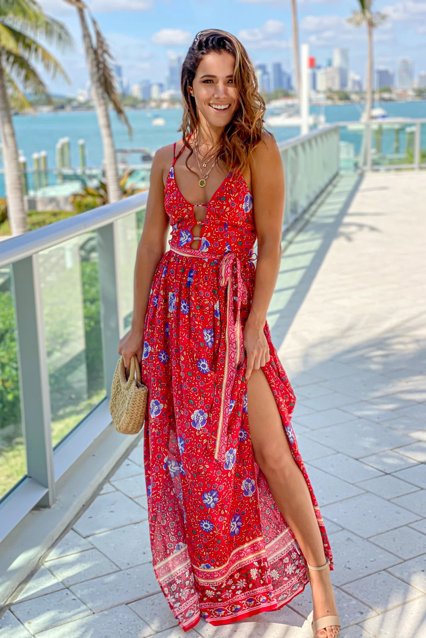 Red Printed Maxi Dress With Slit