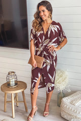 Brown Printed Midi Dress With Knot Front