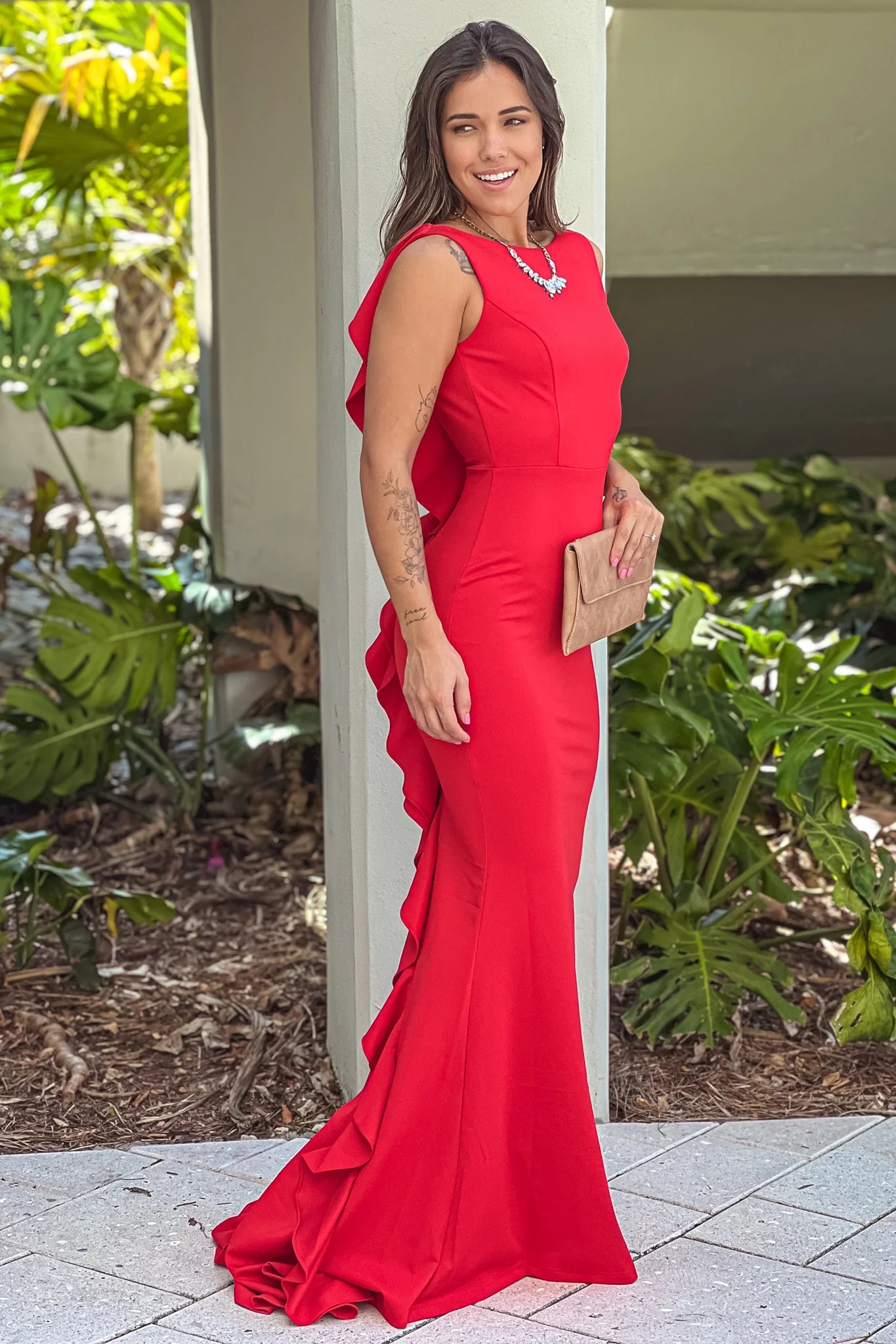 Red Maxi Dress With Ruffle Back