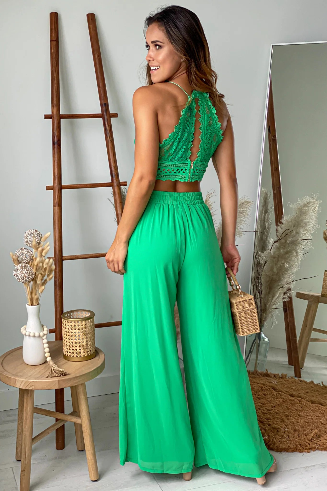 Kelly Green Pants And Lace Top Set