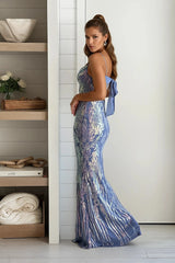Dusty Blue Sequin Mesh Mermaid Maxi Dress