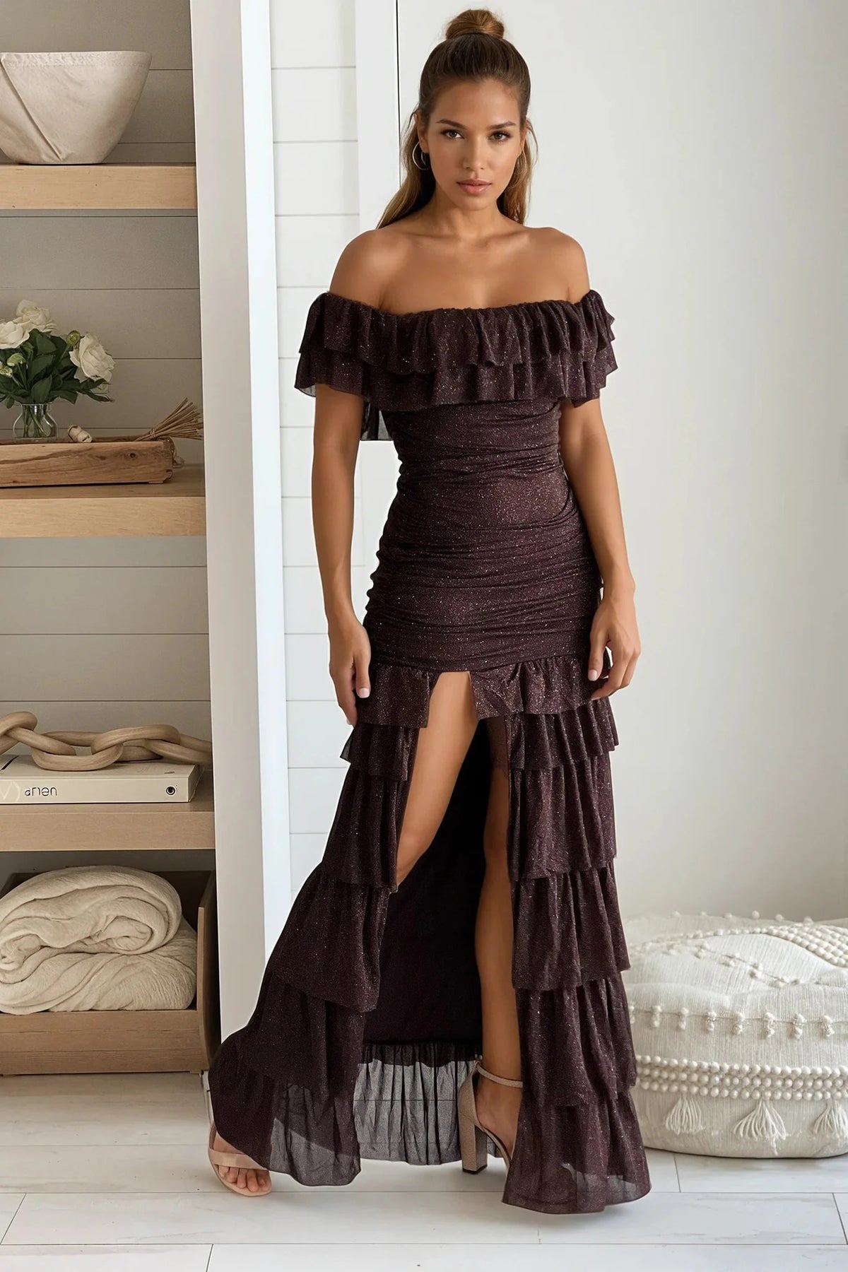 Brown Glitter Mesh Ruffled Off Shoulder Maxi Dress