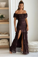 Brown Glitter Mesh Ruffled Off Shoulder Maxi Dress