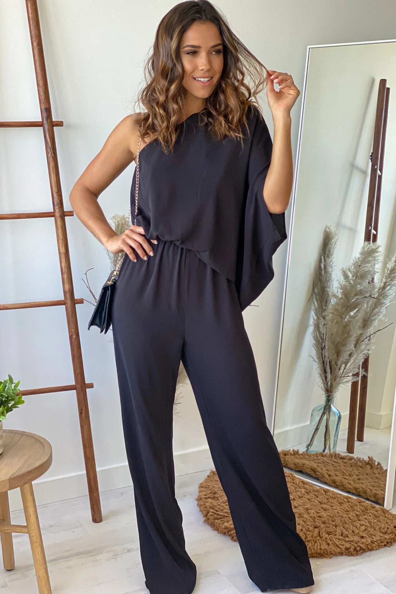 Black One Shoulder 3 4 Sleeve Jumpsuit