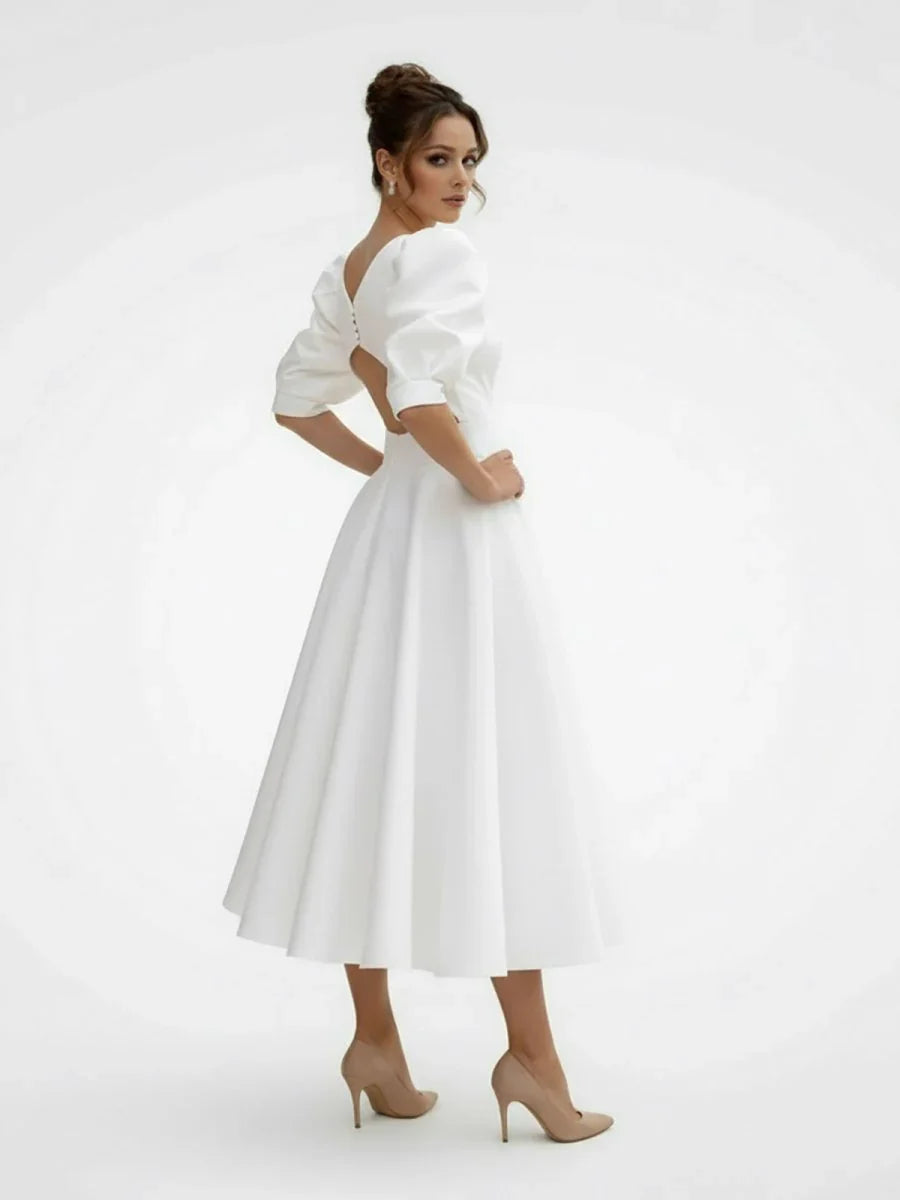 Elegant Bateau A Line Satin Knee length Wedding Dress