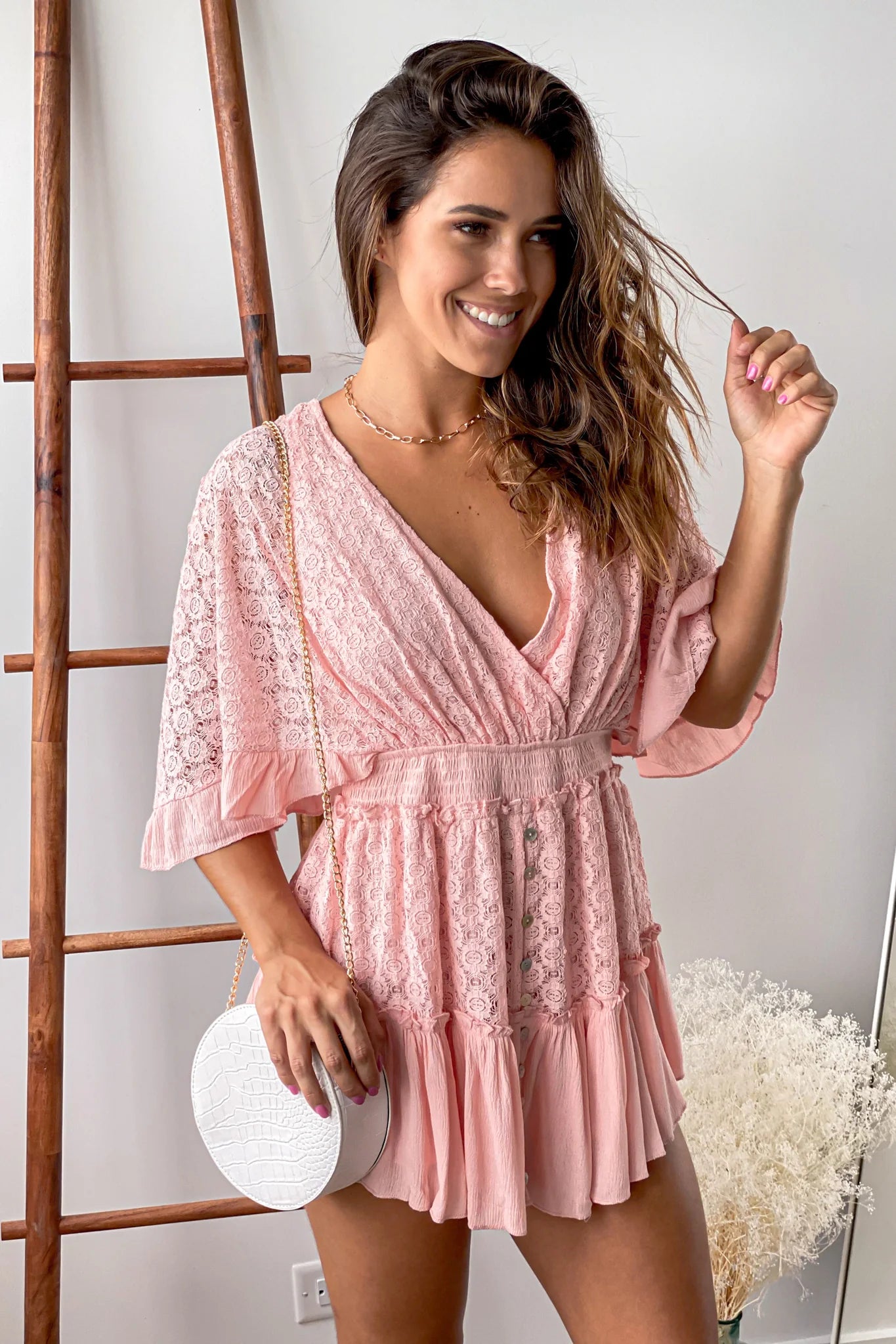 Pink Lace Romper With Bell Sleeves