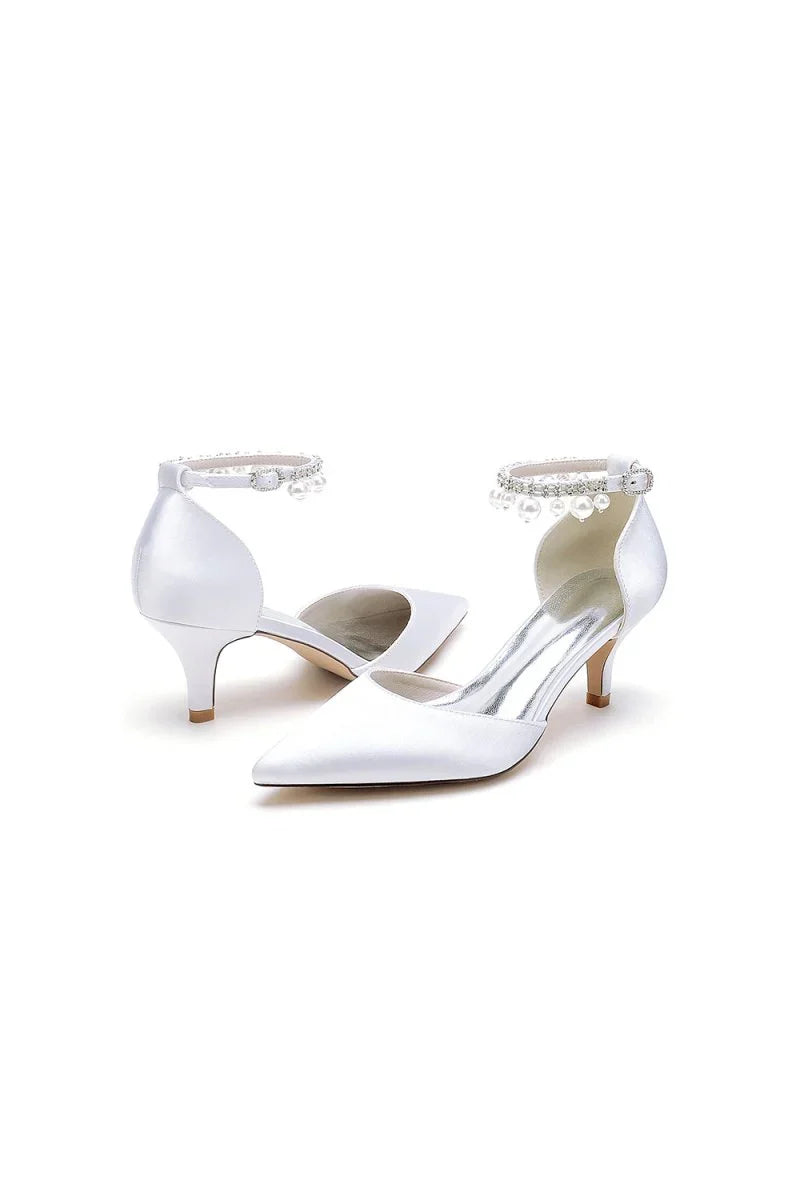 Pointed Toe Pearl Strap Kitten Heels