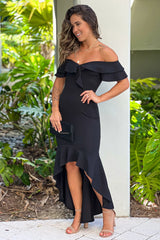 Black Off Shoulder Ruffled High Low Dress