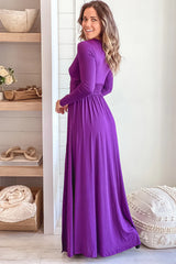 Purple V Neck Maxi Dress With Long Sleeve And Slit
