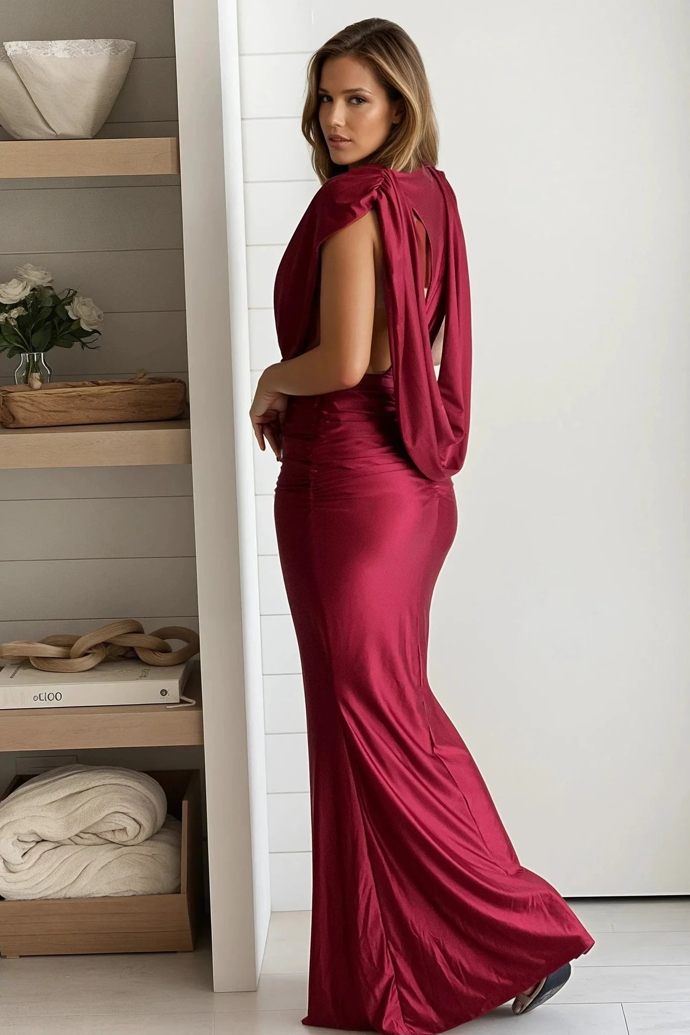 Wine Shiny Satin Draped Maxi Dress
