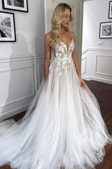 Spaghetti Straps V Neck Lace Appliques A line Tulle Rustic Wedding Dress