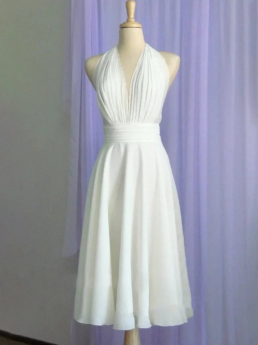 Vintage Tea Length Chiffon Wedding Dress With Halter Neck and Bow