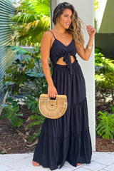 Black Ruffled Maxi Dress With Cut Out Front