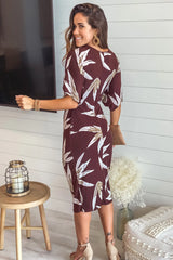 Brown Printed Midi Dress With Knot Front