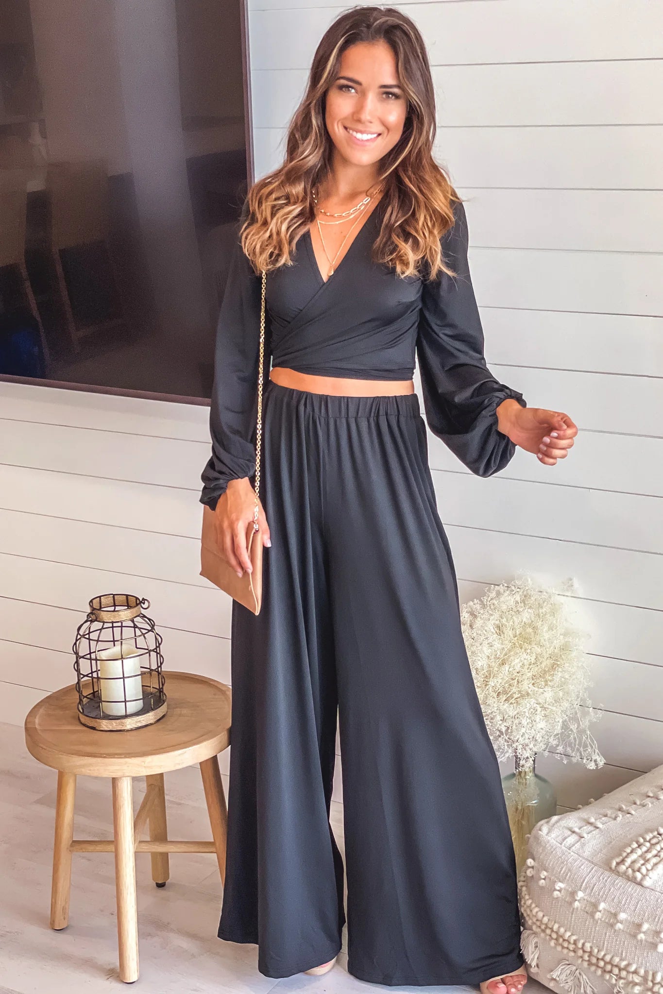 Black Long Sleeve Top and Pants Set