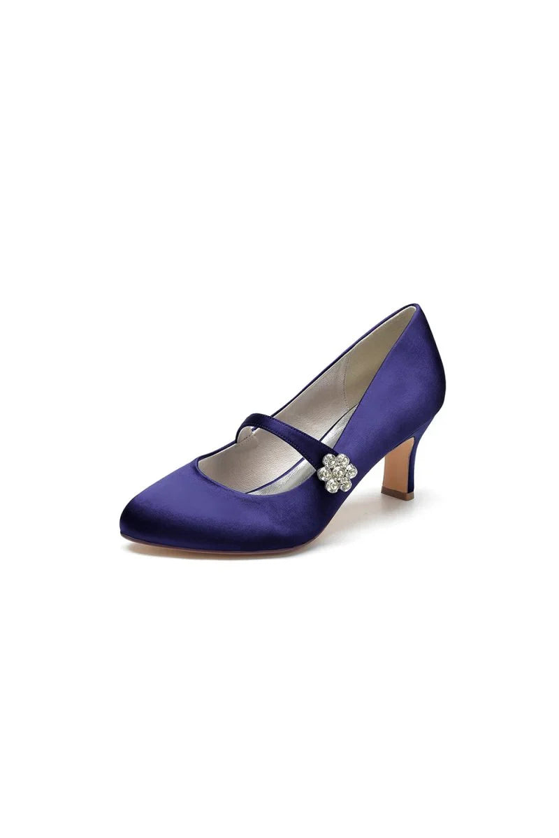 Round Toe Crystal Buckle Strap Chunky Heels