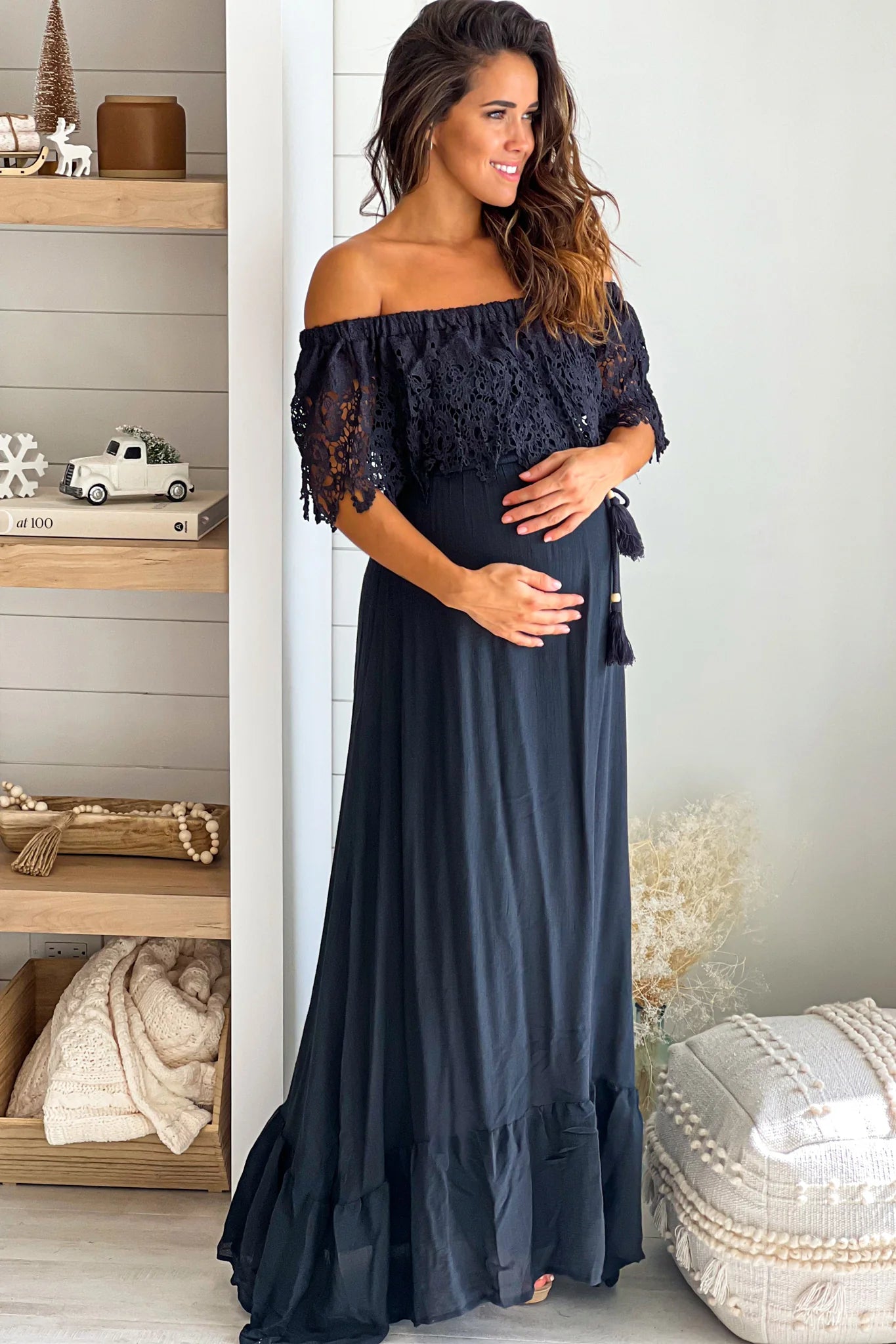 Black Maternity Maxi Dress with Lace Off Shoulder
