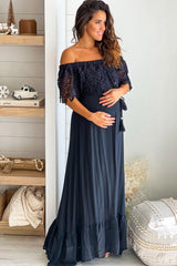 Black Maternity Maxi Dress with Lace Off Shoulder